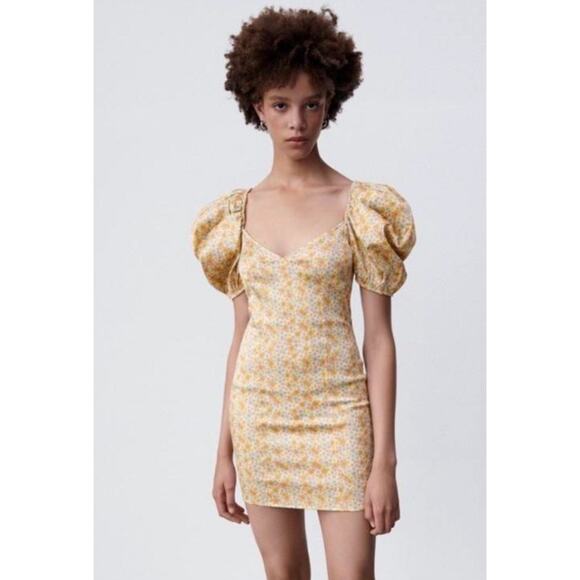ZARA | Hammered Satin Pastel Floral Mini Dress with Puff Sleeves | Size Small - Picture 1 of 7